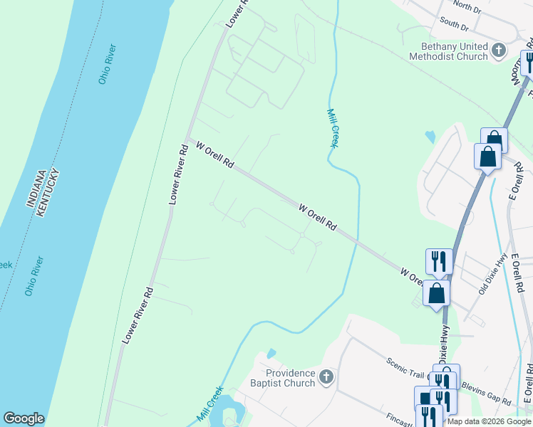 map of restaurants, bars, coffee shops, grocery stores, and more near 7020 Train Station Way in Louisville