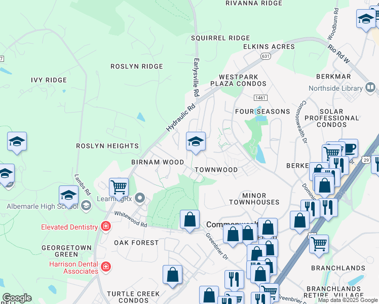 map of restaurants, bars, coffee shops, grocery stores, and more near 1569 Cool Spring Road in Charlottesville