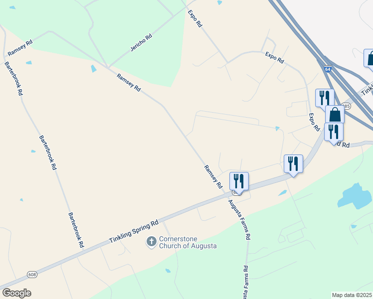 map of restaurants, bars, coffee shops, grocery stores, and more near 445 Ramsey Road in Fishersville