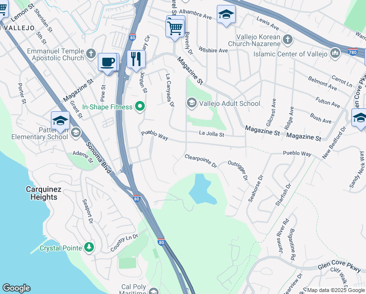 map of restaurants, bars, coffee shops, grocery stores, and more near 109 Del Sur Street in Vallejo