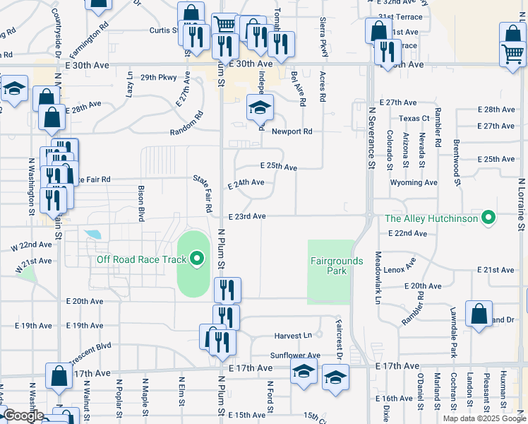 map of restaurants, bars, coffee shops, grocery stores, and more near 569-739 East 23rd Avenue in Hutchinson