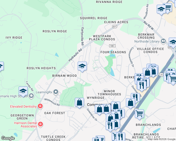 map of restaurants, bars, coffee shops, grocery stores, and more near 301 Glade Lane in Charlottesville
