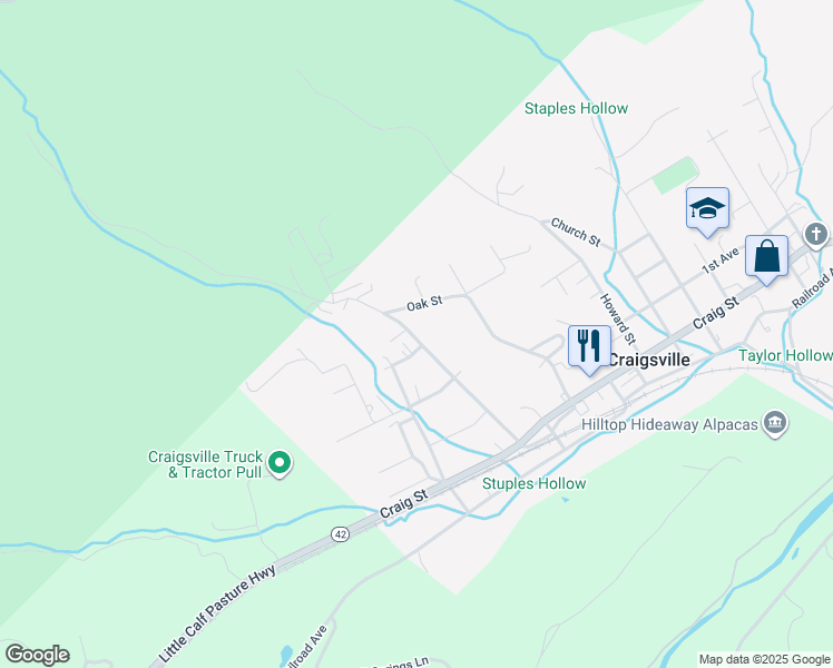 map of restaurants, bars, coffee shops, grocery stores, and more near 255 Monroe Street in Craigsville