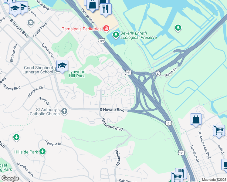 map of restaurants, bars, coffee shops, grocery stores, and more near 49 Trinity Drive in Novato