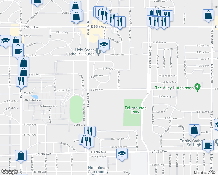 map of restaurants, bars, coffee shops, grocery stores, and more near 518 East 23rd Avenue in Hutchinson