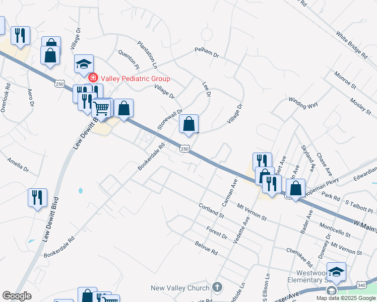 map of restaurants, bars, coffee shops, grocery stores, and more near 2604 U.S. 250 in Waynesboro