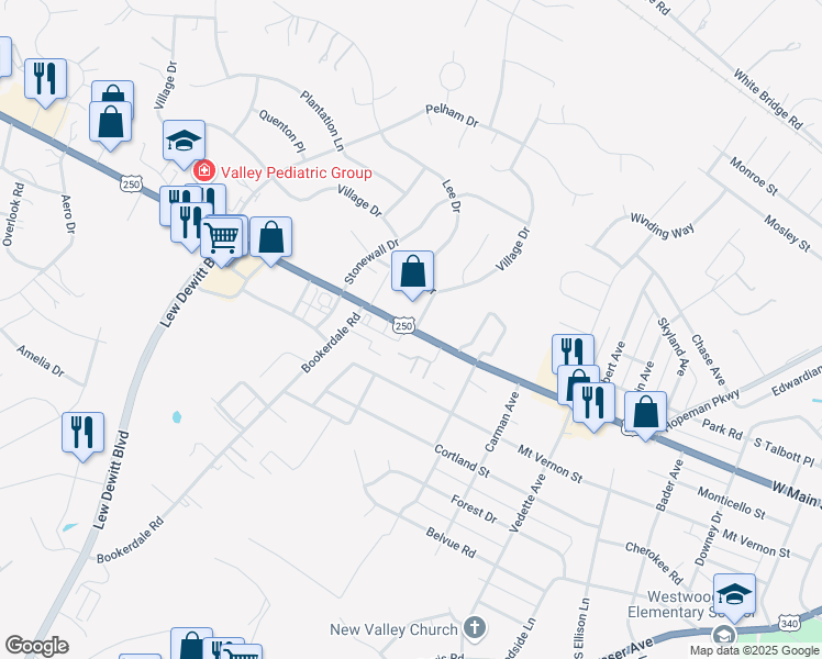 map of restaurants, bars, coffee shops, grocery stores, and more near 2604 U.S. 250 in Waynesboro
