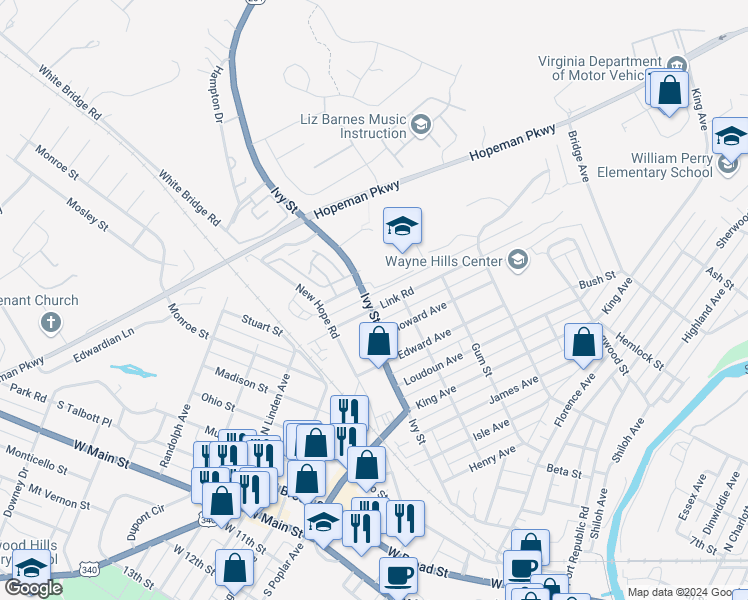 map of restaurants, bars, coffee shops, grocery stores, and more near Ivy Street in Waynesboro