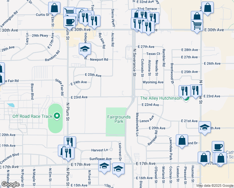 map of restaurants, bars, coffee shops, grocery stores, and more near 741-933 East 23rd Avenue in Hutchinson