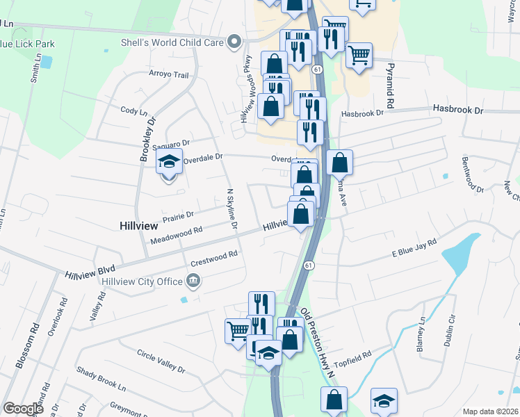 map of restaurants, bars, coffee shops, grocery stores, and more near 286 Hillview Boulevard in Louisville