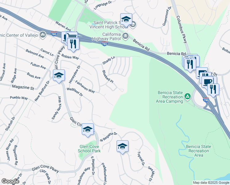 map of restaurants, bars, coffee shops, grocery stores, and more near 173 Silverpine Lane in Vallejo