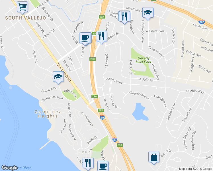 map of restaurants, bars, coffee shops, grocery stores, and more near 209 Navone Street in Vallejo