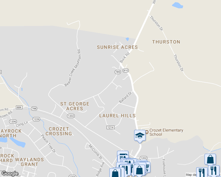 map of restaurants, bars, coffee shops, grocery stores, and more near 1641 Buck Road in Crozet