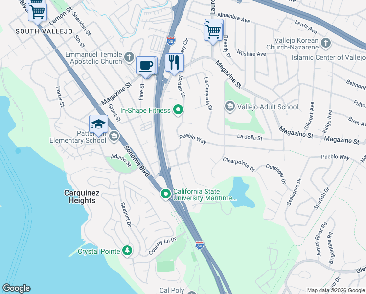 map of restaurants, bars, coffee shops, grocery stores, and more near 209 Navone Street in Vallejo