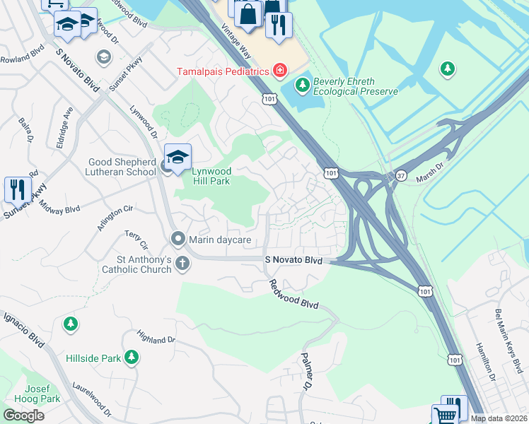 map of restaurants, bars, coffee shops, grocery stores, and more near 18 Manchester Court in Novato