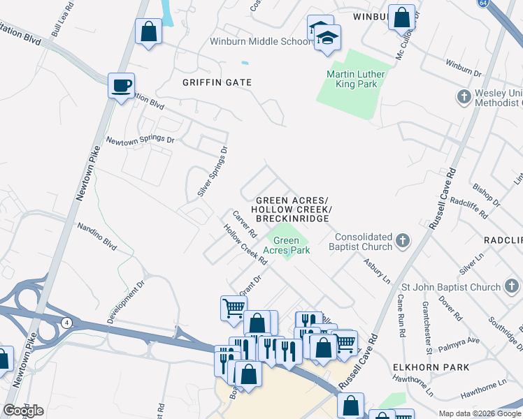 map of restaurants, bars, coffee shops, grocery stores, and more near 1543 Montrose Drive in Lexington