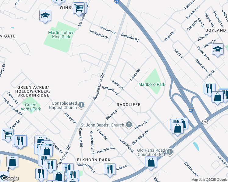 map of restaurants, bars, coffee shops, grocery stores, and more near 617 Radcliffe Road in Lexington
