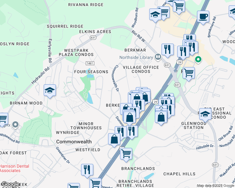 map of restaurants, bars, coffee shops, grocery stores, and more near 2517 Commonwealth Drive in Charlottesville