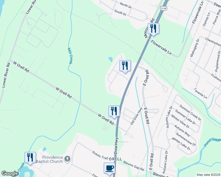 map of restaurants, bars, coffee shops, grocery stores, and more near 6713 Stone Valley Drive in Louisville