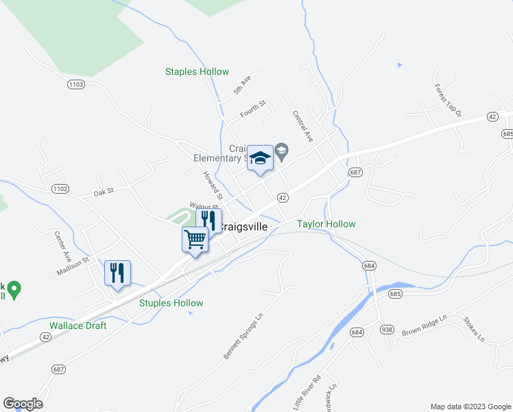 map of restaurants, bars, coffee shops, grocery stores, and more near 8 Craig Street in Craigsville