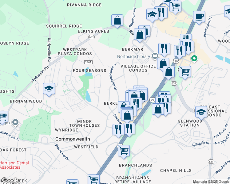 map of restaurants, bars, coffee shops, grocery stores, and more near 2517 Commonwealth Drive in Charlottesville