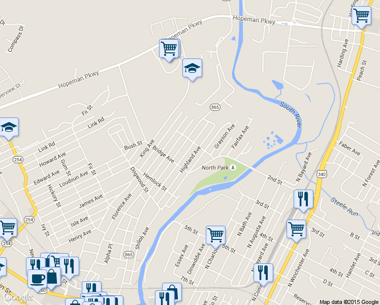 map of restaurants, bars, coffee shops, grocery stores, and more near 761 Highland Avenue in Waynesboro