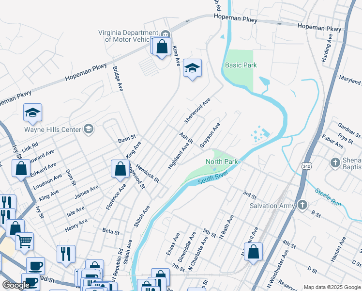 map of restaurants, bars, coffee shops, grocery stores, and more near 761 Highland Avenue in Waynesboro