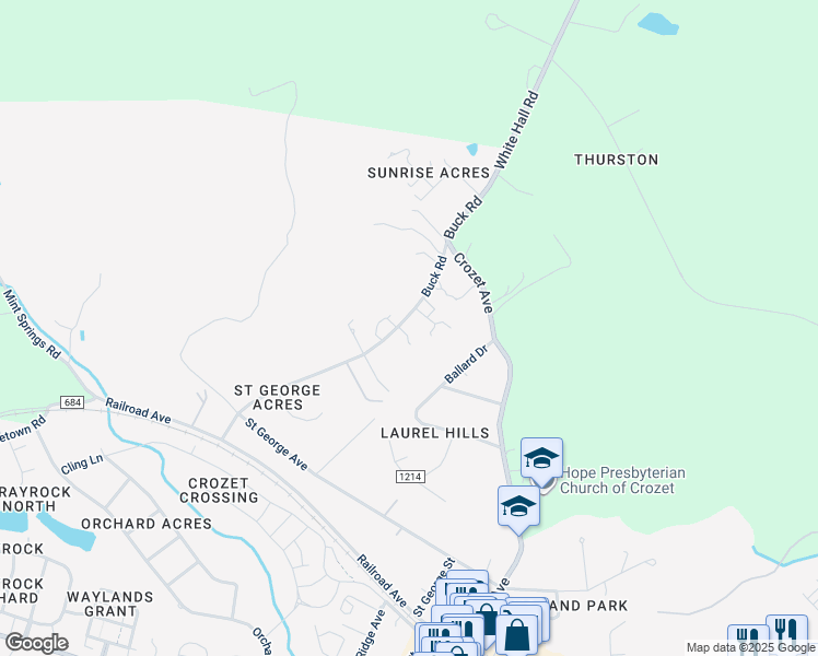 map of restaurants, bars, coffee shops, grocery stores, and more near 1641 Buck Road in Crozet