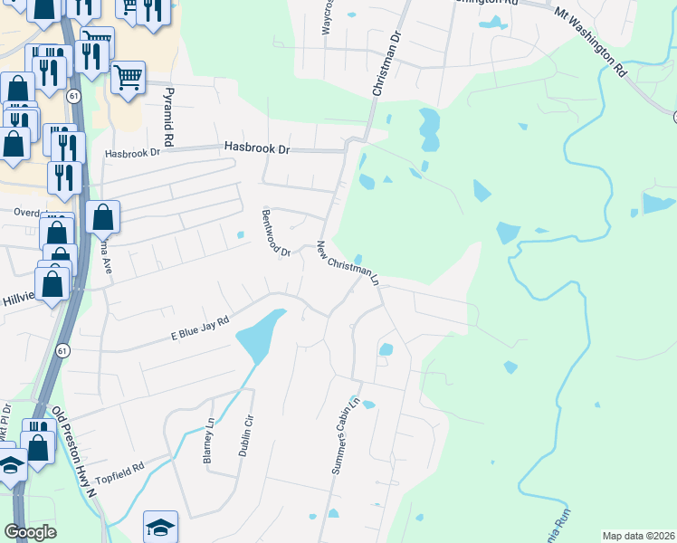 map of restaurants, bars, coffee shops, grocery stores, and more near 275 New Christman Lane in Louisville