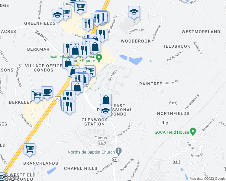 map of restaurants, bars, coffee shops, grocery stores, and more near 899 Mallside Forest Court in Charlottesville
