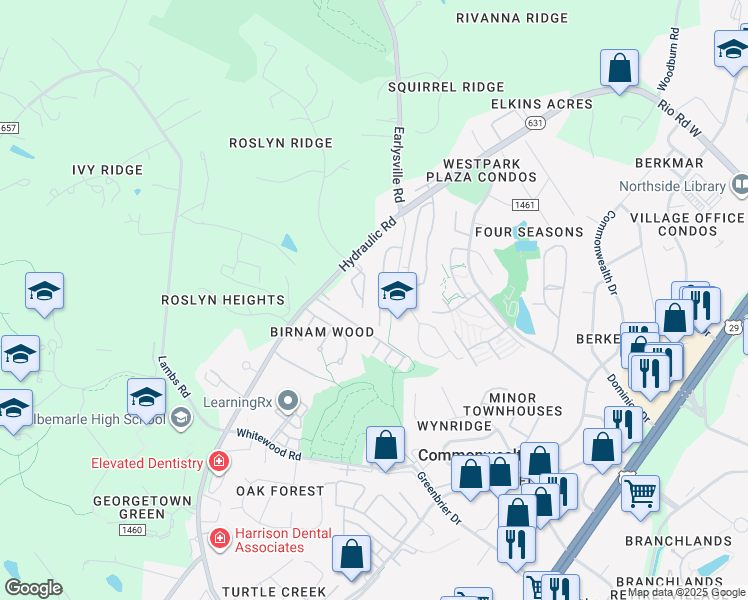 map of restaurants, bars, coffee shops, grocery stores, and more near 1584 Cool Spring Road in Charlottesville