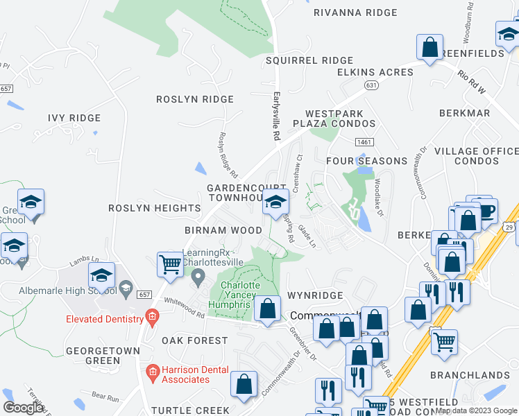 map of restaurants, bars, coffee shops, grocery stores, and more near 1584 Cool Spring Road in Charlottesville