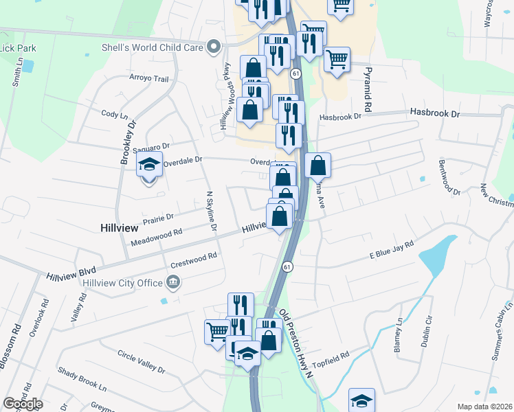 map of restaurants, bars, coffee shops, grocery stores, and more near 349 Knollwood Circle in Louisville