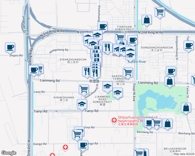 map of restaurants, bars, coffee shops, grocery stores, and more near Xi San Zhuang Jie in Shi Jia Zhuang Shi