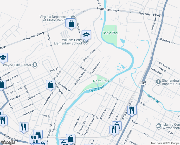 map of restaurants, bars, coffee shops, grocery stores, and more near 841 Grayson Avenue in Waynesboro