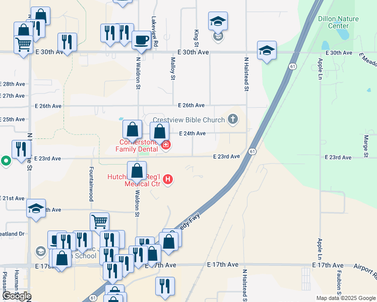 map of restaurants, bars, coffee shops, grocery stores, and more near 1730 Eastgate Place in Hutchinson