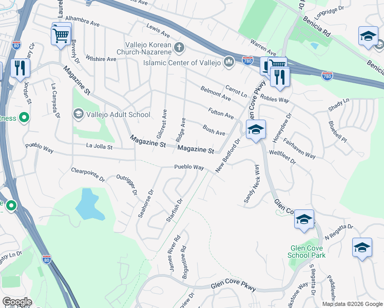 map of restaurants, bars, coffee shops, grocery stores, and more near 1829 Magazine Street in Vallejo