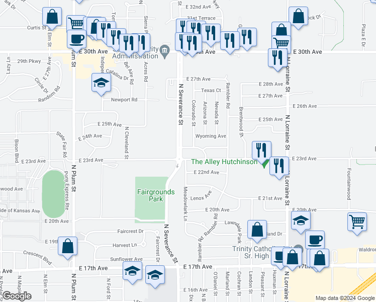 map of restaurants, bars, coffee shops, grocery stores, and more near 2402 North Severance Street in Hutchinson