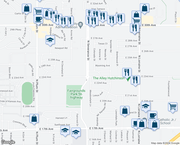 map of restaurants, bars, coffee shops, grocery stores, and more near 901 East 24th Avenue in Hutchinson