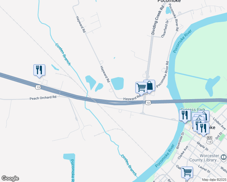 map of restaurants, bars, coffee shops, grocery stores, and more near Hayward Road in Pocomoke City