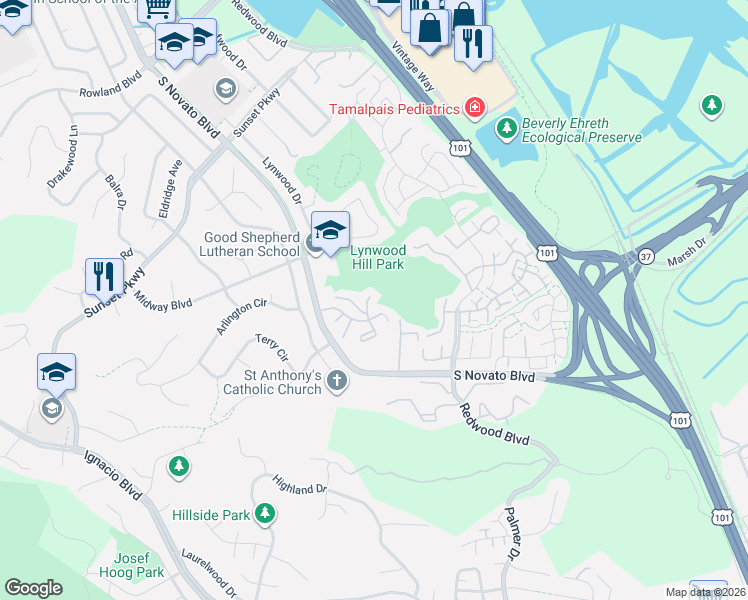 map of restaurants, bars, coffee shops, grocery stores, and more near 15 Columbine Lane in Novato
