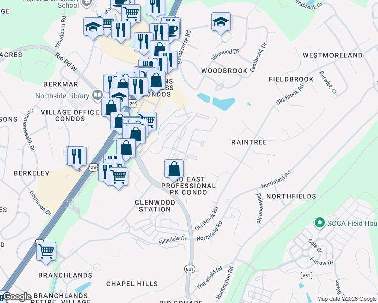 map of restaurants, bars, coffee shops, grocery stores, and more near 832 Mallside Forest Court in Charlottesville