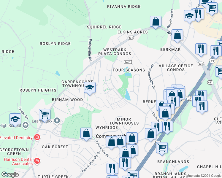 map of restaurants, bars, coffee shops, grocery stores, and more near 4002 Cypress Pointe Drive in Charlottesville