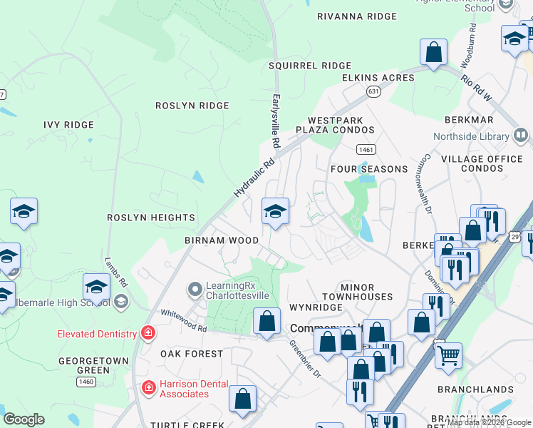 map of restaurants, bars, coffee shops, grocery stores, and more near 1628 Garden Court in Charlottesville
