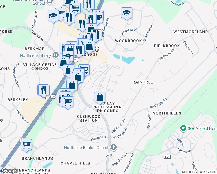 map of restaurants, bars, coffee shops, grocery stores, and more near 832 Mallside Forest Court in Charlottesville