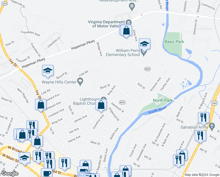 map of restaurants, bars, coffee shops, grocery stores, and more near 657 King Avenue in Waynesboro