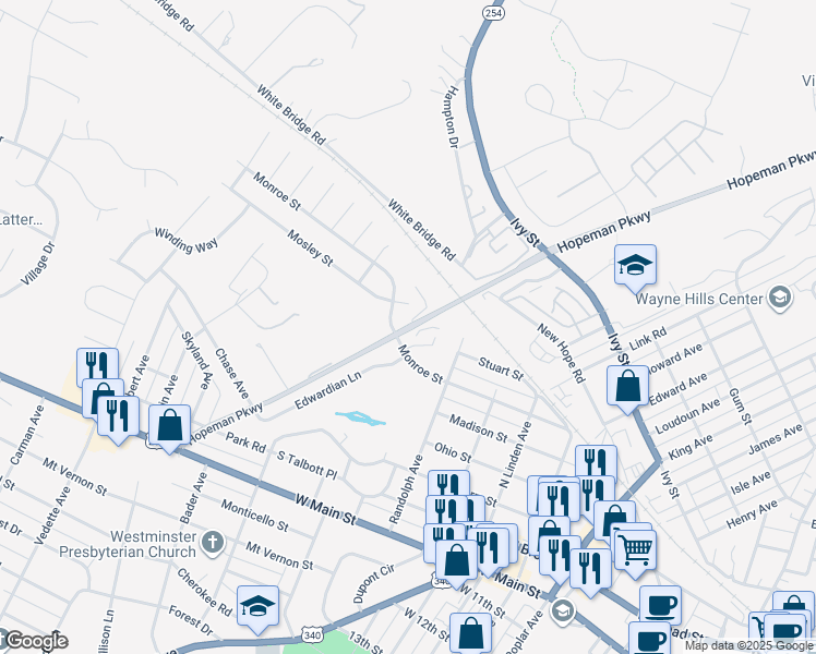 map of restaurants, bars, coffee shops, grocery stores, and more near 319 Hopeman Parkway in Waynesboro