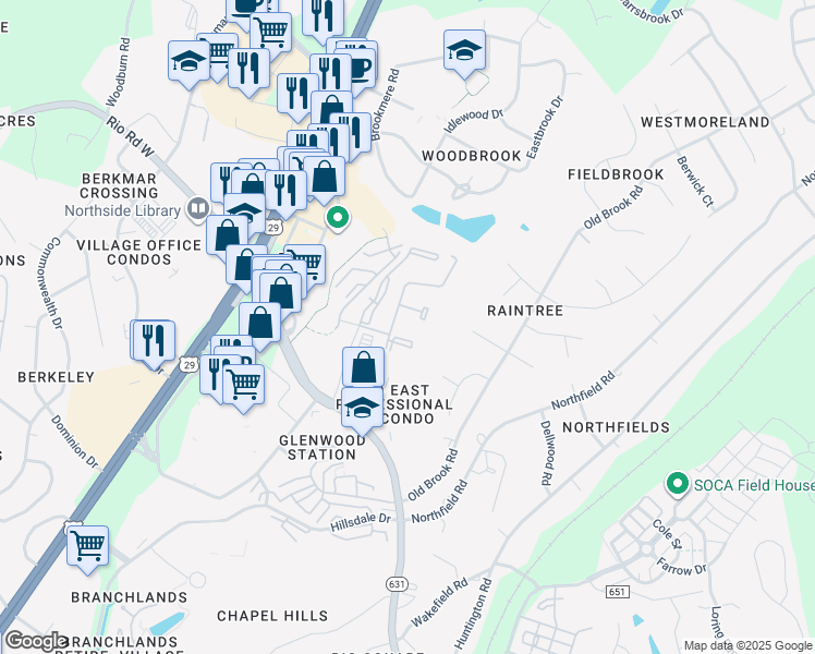 map of restaurants, bars, coffee shops, grocery stores, and more near 816 Mallside Forest Court in Charlottesville