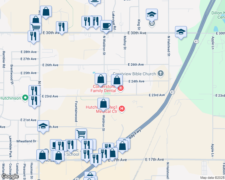 map of restaurants, bars, coffee shops, grocery stores, and more near 1704 East 23rd Avenue in Hutchinson