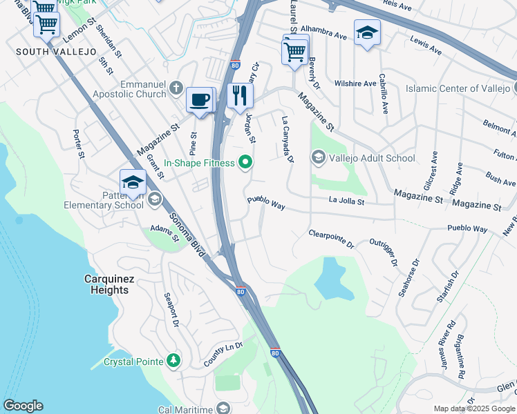 map of restaurants, bars, coffee shops, grocery stores, and more near 128 Pueblo Way in Vallejo